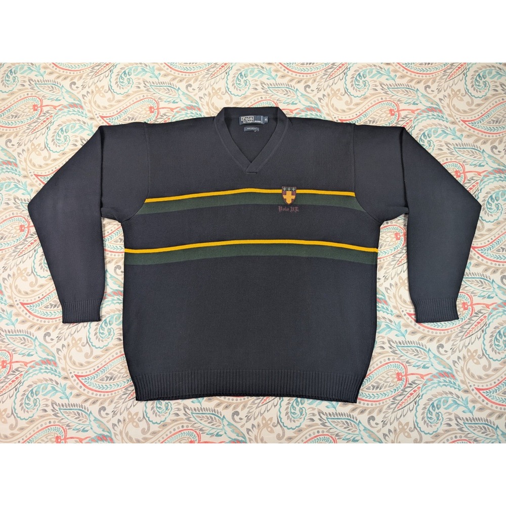 Vintage Polo Ralph Lauren Sweater XL Embroidered Heraldic Crest Striped V-Neck